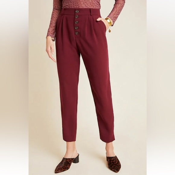Anthropologie Sasha Button Fly Tapered High Rise Trousers Pants Wine Red Sz 8 - Picture 4 of 15